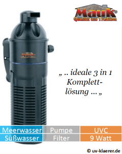 Innenfilter mit UVC Mauk Strömungspumpe 9 Watt gegen grünes Wasser und Algen im Aquarium, UVC Klärer, UV-Klärer