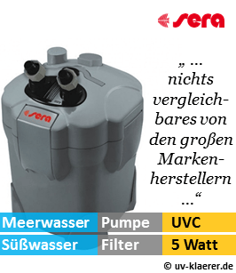 Aussenfilter mit UVC, sera 130, 300 Liter pro Stunde, 5 Watt UVC Klaerer, gegen Algen im Aquarium