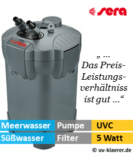 Aussenfilter mit UVC, sera 400, 1.100 Liter pro Stunde, 5 Watt UVC Klaerer, gegen Algen im Aquarium