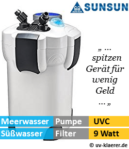 Aussenfilter mit UVC, sunsun 303 1.400 Liter pro Stunde, 9 Watt UVC Klaerer, gegen Algen im Aquarium