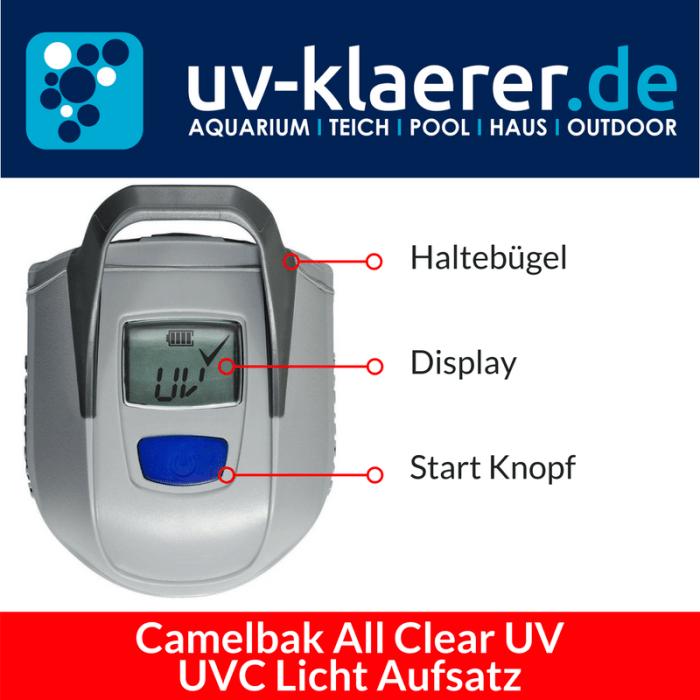 Aufsatz Camelbak All Clear UV Trinkflasche mit UVC Strahlung Entkeimer - Haltebügel, Display, Start Knopf