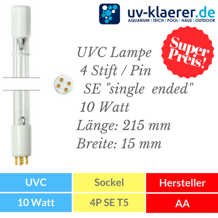 UVC Ersatzlampe 10 Watt mit 4P SE Sockel Fassung