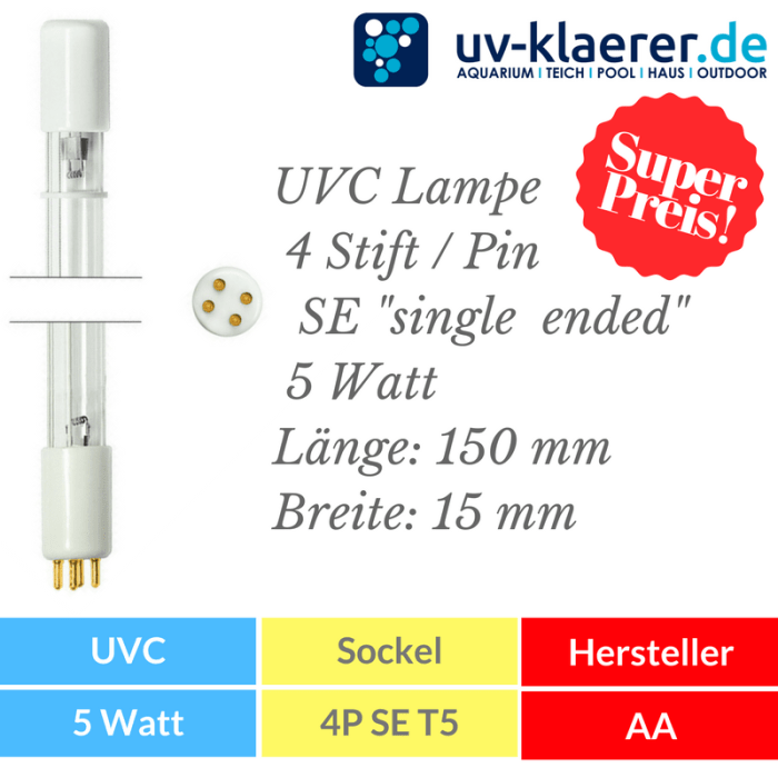 UVC Ersatzlampe 5 Watt mit 4P SE Sockel Fassung
