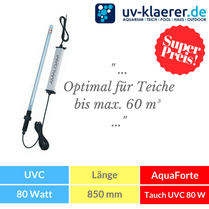 Tauchstrahler 80 Watt AquaForte AMALGAM Tauch UVC Strahler als 3 tlg. Bausatz, Tauchstrahler für Ihren Koi Teich und Teichfilter zu Entkeimung und Algenvernichter